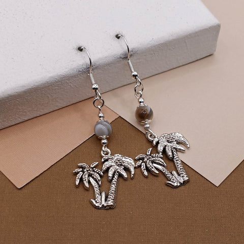 Gray Striped Agate Palm Tree Earrings