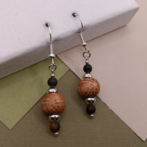 Red Creek Jasper & Wood Bead Earrings
