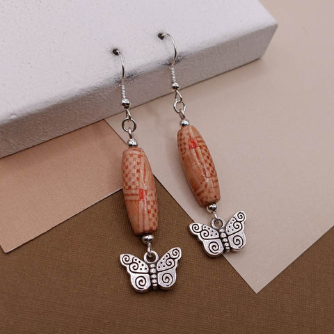 Stamped Oblong Wood Bead Butterfly Earrings