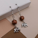 Stamped Round Wood Bead Elephant Earrings
