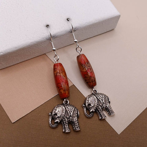 Stamped Oblong Wood Bead Elephant  Earrings